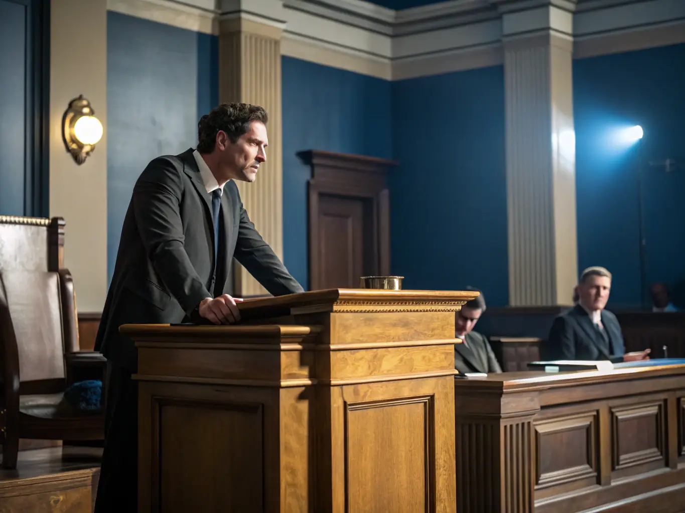 A courtroom scene with a lawyer passionately defending their client, representing the firm's commitment to strong legal advocacy in litigation.