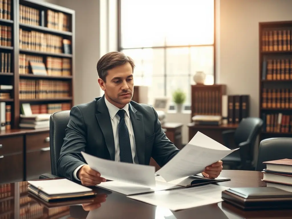 A professional lawyer in a well-lit office, reviewing documents with a focused expression, symbolizing meticulous legal work in contract law.